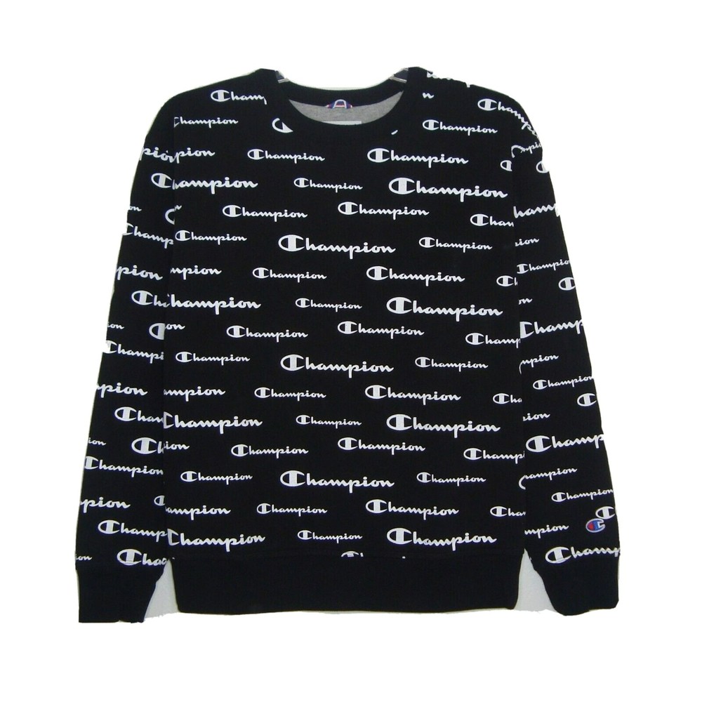 CHAMPION Authentic Athleticwear All Over Logo Print Black Sweatshirt Size M